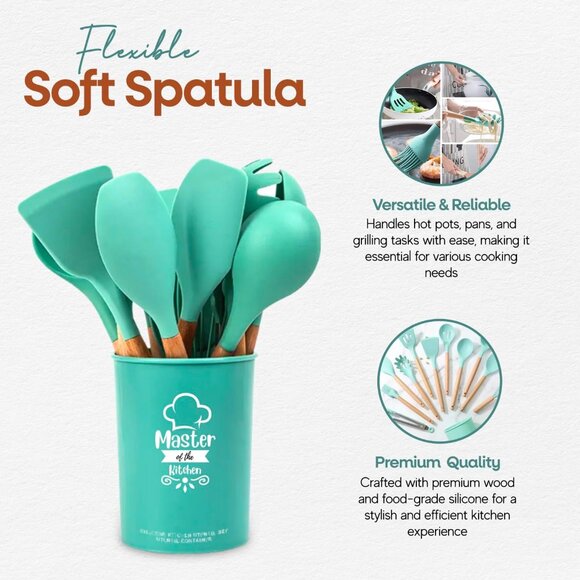 Silicone Cooking Set, 12 pcs Kitchen Utensils Set, Wooden Handle, Bucket Storage - Picture 7 of 7